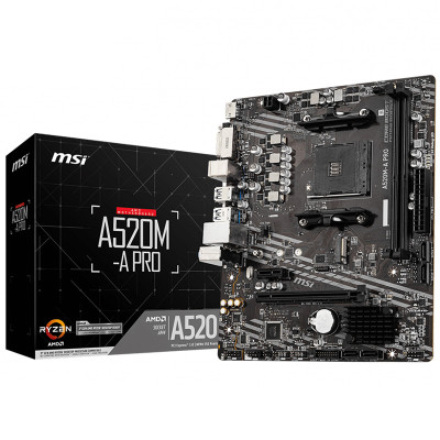 MSI A520M-A PRO (AM4/A520, 2*DDR4, PCIex16, DVI-D/HDMI, 4xSATAІІІ, M.2, GLan, 8ch, mATX)