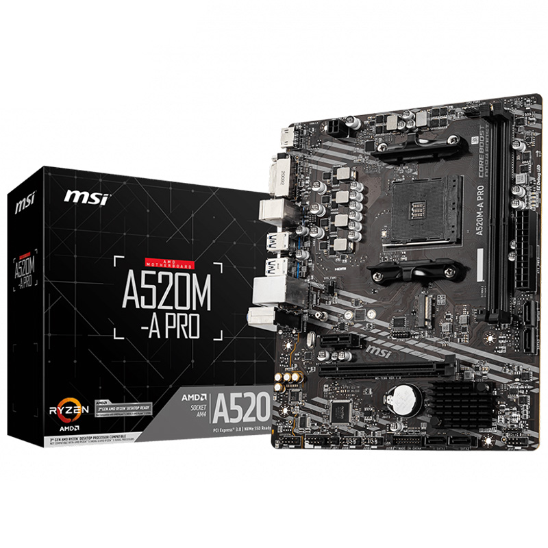 MSI A520M-A PRO (AM4/A520, 2*DDR4, PCIex16, DVI-D/HDMI, 4xSATAІІІ, M.2, GLan, 8ch, mATX)