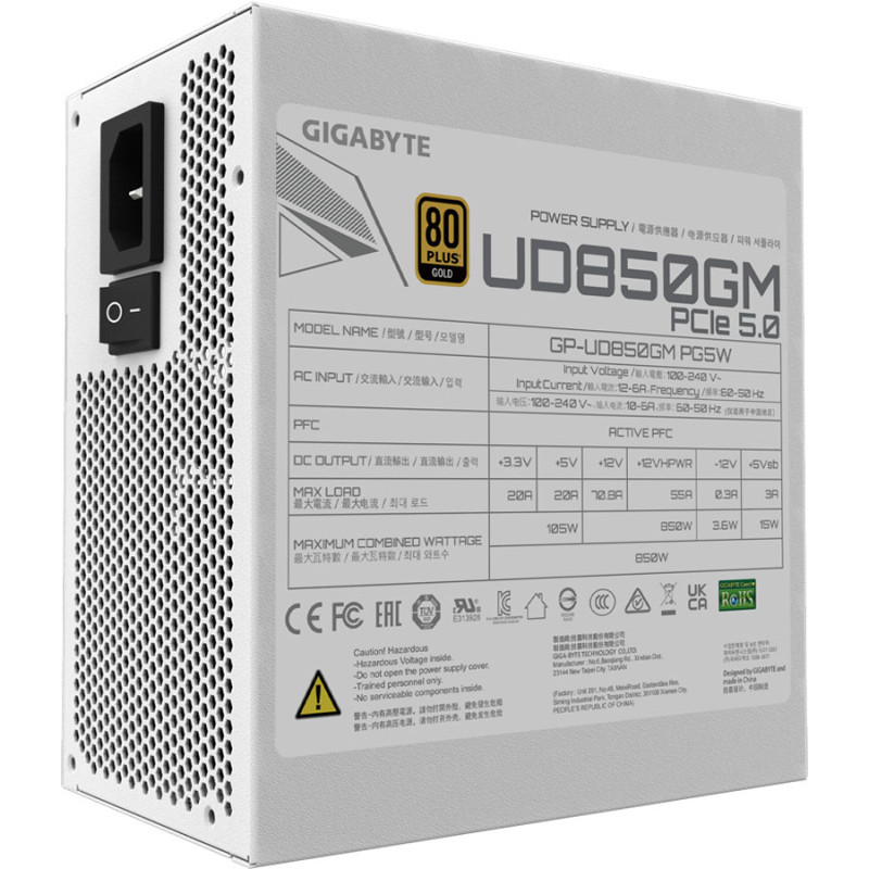 БЖ 850W GIGABYTE UD850GM PG5W 80+ GOLD 120mm, modular, White, ATX 3.0