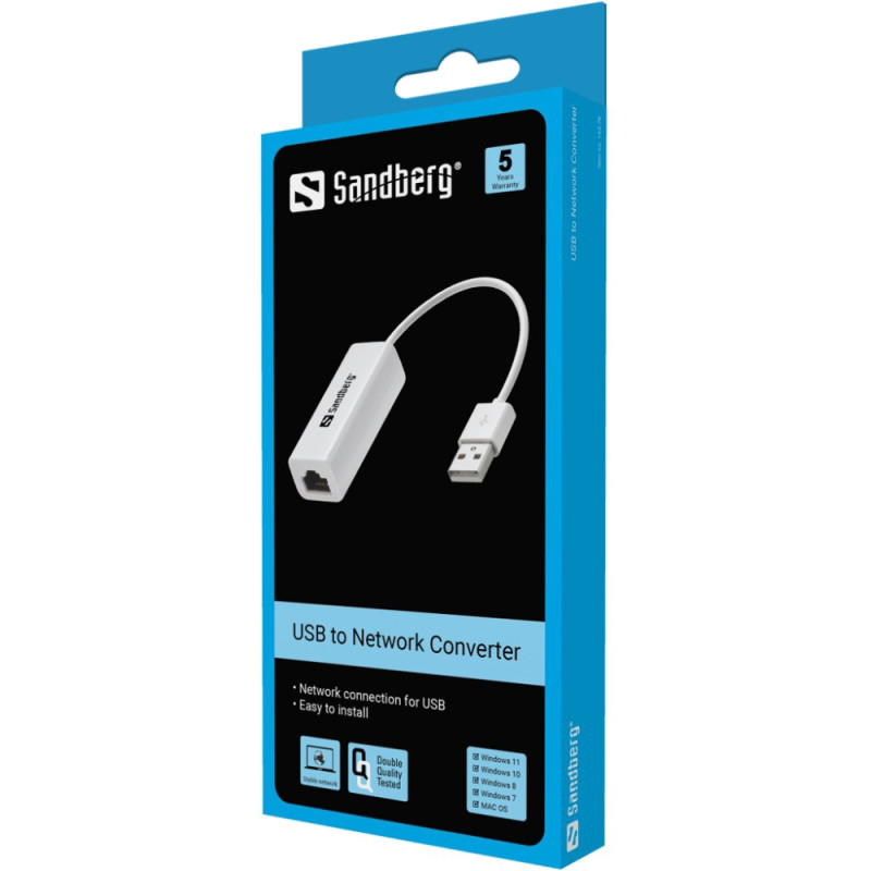 Перехідник USB 2.0 Type-A --> Ethernet RJ45 100Mb Sandberg білий