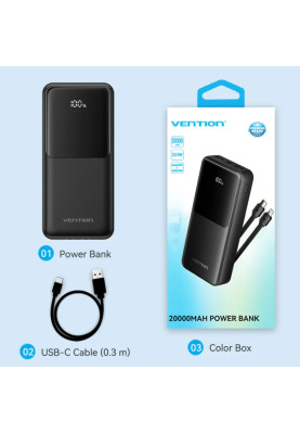 УМБ Vention 20000mAh 22.5W 3A PD, Micro-USB,USB-C,2xUSB-A,Built-in USB-C+Lightning Cables Black