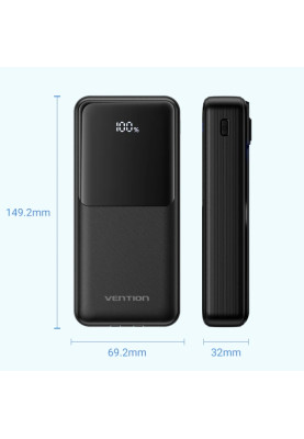 УМБ Vention 20000mAh 22.5W 3A PD, Micro-USB,USB-C,2xUSB-A,Built-in USB-C+Lightning Cables Black