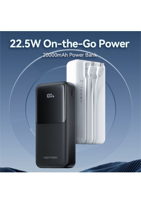 УМБ Vention 20000mAh 22.5W 3A PD, Micro-USB,USB-C,2xUSB-A,Built-in USB-C+Lightning Cables Black
