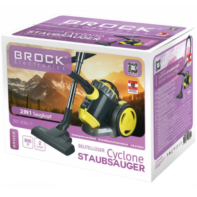 Порохотяг BROCK BVC 8056 YT контейнерний/ 800Вт/ 2л/ фільтр НЕРА/ чорно-жовтий