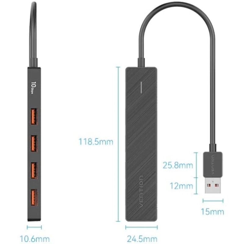 Хаб USB 3.0 -> 4xUSB 3.2 Gen2, 0.15м, USB-C 10Gbps 0.15m, чорний Vention