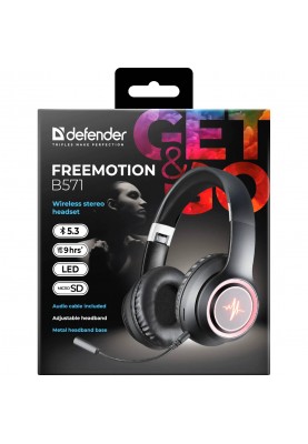 Навушники з мікрофоном Defender FreeMotion B571 Bluetooth, гнучкий мікрофон, LED, чорні