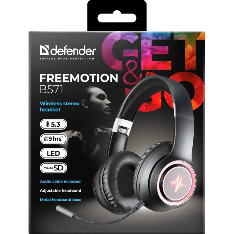 Навушники з мікрофоном Defender FreeMotion B571 Bluetooth, гнучкий мікрофон, LED, чорні