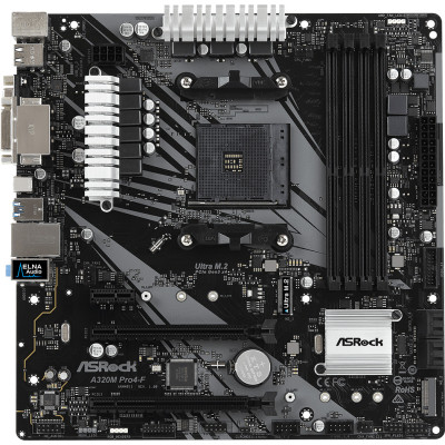 Материнська плата ASRock A320M PRO4-F (AM4/A320, 4*DDR4, HDMI/DVI/VGA, 2xPCI-Ex16, 4xSATAIII, RAID, 2xM.2, Glan, 8ch, mATX)