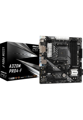 Материнська плата ASRock A320M PRO4-F (AM4/A320, 4*DDR4, HDMI/DVI/VGA, 2xPCI-Ex16, 4xSATAIII, RAID, 2xM.2, Glan, 8ch, mATX)