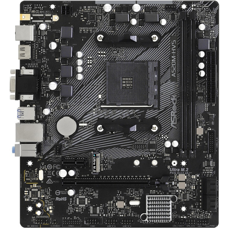 ASRock A520M-HVS (AM4/A520, 2*DDR4, PCIex16, D-Sub/HDMI, 4xSATAІІІ, M.2, GLan, 8ch, mATX)