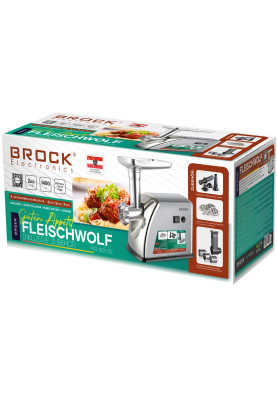М'ясорубка BROCK  MG 1601 SS 1400Вт/2кг/хв/реверс/3 решітки/насадка для ковбас/кеббе/3 терки/срібна