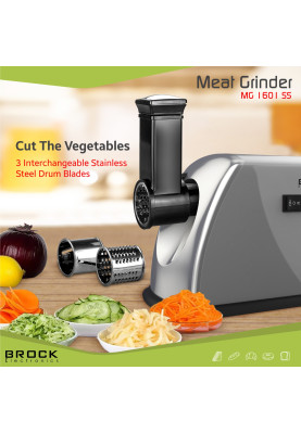 М'ясорубка BROCK  MG 1601 SS 1400Вт/2кг/хв/реверс/3 решітки/насадка для ковбас/кеббе/3 терки/срібна