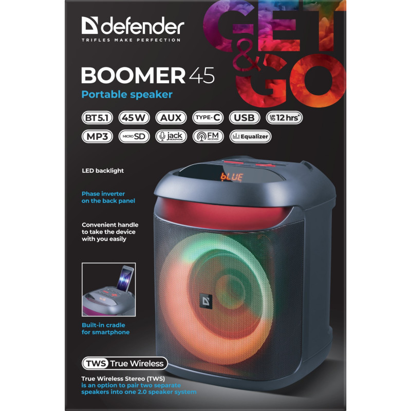 Акустична система 1.0 Defender Boomer 45, 45W, Bluetooth/LED/MIC/TWS/Light/FM чорна