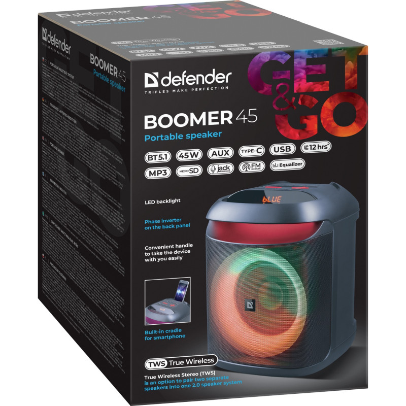 Акустична система 1.0 Defender Boomer 45, 45W, Bluetooth/LED/MIC/TWS/Light/FM чорна