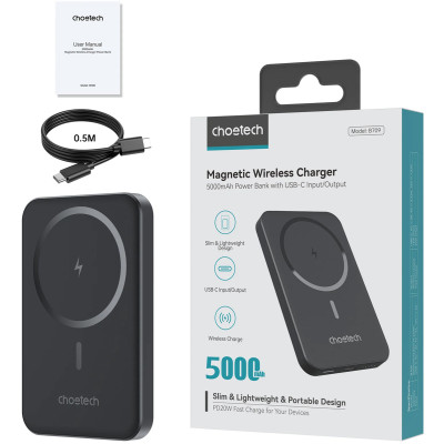 УМБ Choetech Magnetic Wireless 5000mAh 20W PD Qi-15W USB-C In/Out, тонкий, Black УМБ Choetech Magnetic Wireless 5000mAh 20W PD Qi-15W USB-C In/Out, тонкий, Black
