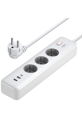 Фільтр живлення Power filtr 2м Ugreen, 3 розетки + 2 USB-A + PD, білий