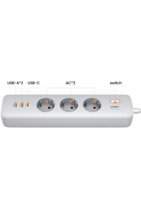 Фільтр живлення Power filtr 2м Ugreen, 3 розетки + 2 USB-A + PD, білий