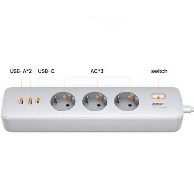 Фільтр живлення Power filtr 2м Ugreen, 3 розетки + 2 USB-A + PD, білий