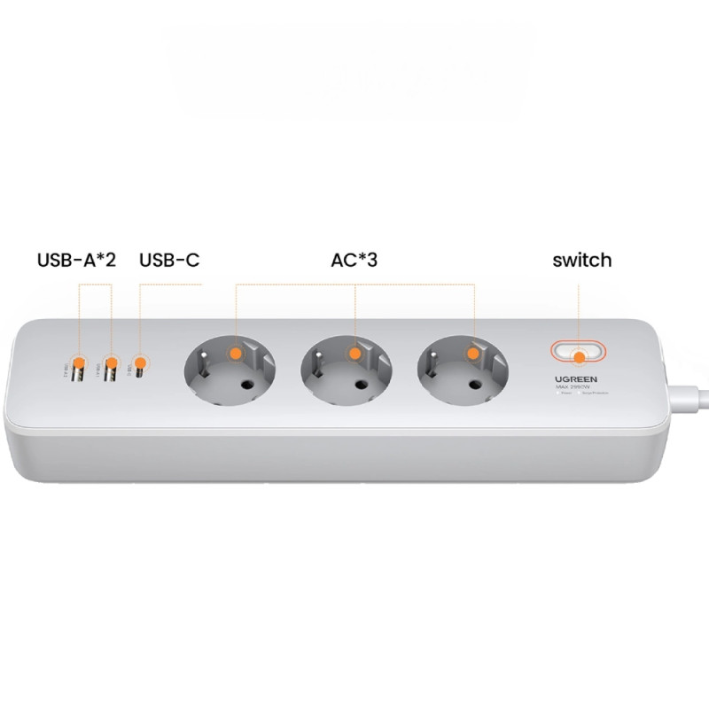 Фільтр живлення Power filtr 2м Ugreen, 3 розетки + 2 USB-A + PD, білий