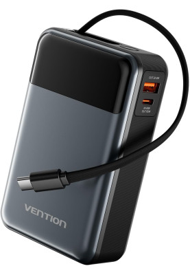 УМБ Vention 20000mAh 65W 3A PD,QC3.0,USB-A,1хType-C OUT,with Built-in USB-C Cable, LED Display,Black
