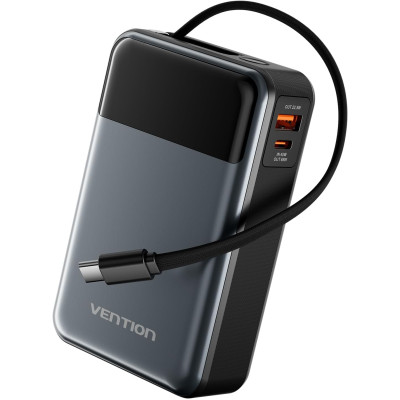УМБ Vention 20000mAh 65W 3A PD,QC3.0,USB-A,1хType-C OUT,with Built-in USB-C Cable, LED Display,Black