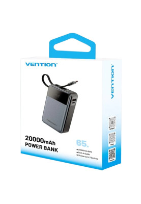 УМБ Vention 20000mAh 65W 3A PD,QC3.0,USB-A,1хType-C OUT,with Built-in USB-C Cable, LED Display,Black
