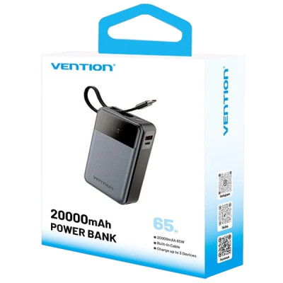 УМБ Vention 20000mAh 65W 3A PD,QC3.0,USB-A,1хType-C OUT,with Built-in USB-C Cable, LED Display,Black