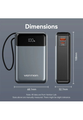 УМБ Vention 20000mAh 65W 3A PD,QC3.0,USB-A,1хType-C OUT,with Built-in USB-C Cable, LED Display,Black
