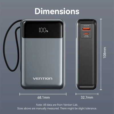 УМБ Vention 20000mAh 65W 3A PD,QC3.0,USB-A,1хType-C OUT,with Built-in USB-C Cable, LED Display,Black