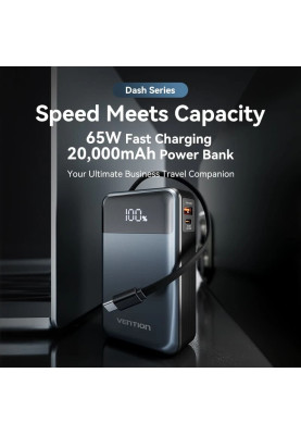 УМБ Vention 20000mAh 65W 3A PD,QC3.0,USB-A,1хType-C OUT,with Built-in USB-C Cable, LED Display,Black