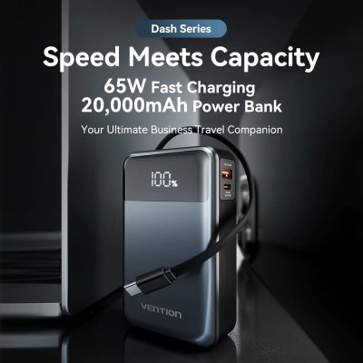 УМБ Vention 20000mAh 65W 3A PD,QC3.0,USB-A,1хType-C OUT,with Built-in USB-C Cable, LED Display,Black
