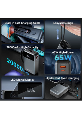 УМБ Vention 20000mAh 65W 3A PD,QC3.0,USB-A,1хType-C OUT,with Built-in USB-C Cable, LED Display,Black