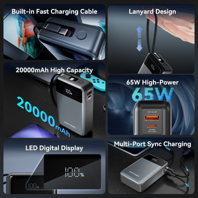 УМБ Vention 20000mAh 65W 3A PD,QC3.0,USB-A,1хType-C OUT,with Built-in USB-C Cable, LED Display,Black