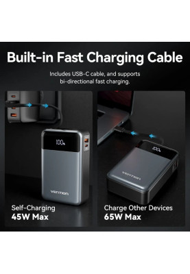 УМБ Vention 20000mAh 65W 3A PD,QC3.0,USB-A,1хType-C OUT,with Built-in USB-C Cable, LED Display,Black