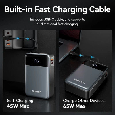УМБ Vention 20000mAh 65W 3A PD,QC3.0,USB-A,1хType-C OUT,with Built-in USB-C Cable, LED Display,Black