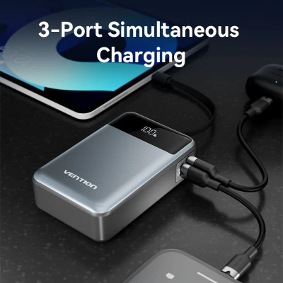 УМБ Vention 20000mAh 65W 3A PD,QC3.0,USB-A,1хType-C OUT,with Built-in USB-C Cable, LED Display,Black