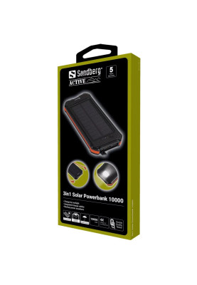 УМБ сонячна Sandberg 3in1 10000 mAh, UPS mode, 2.1A USB, Type-C/Micro USB OUT IP54, ліхтарик