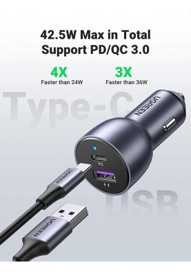 Автозарядка 2xUSB 36W (USB-C+USB-A) QC 3.0+ Косм. Сіра (CD213) UGREEN