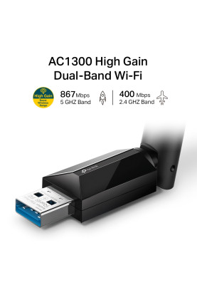 Адаптер WiFi TP-Link Archer T3U Plus, AC1300, 67 Mbps at 5 GHz, 400 Mbps at 2.4 GHz SPEC: 1× High Ga