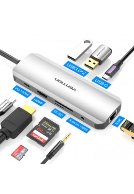 Док-станція USB3.1 Type-C --> HDMI/USB 3.0x2/RJ45/USB-C/SD/TF/TRRS 3.5mm/PD 100W Hub 9-in-1 Vention