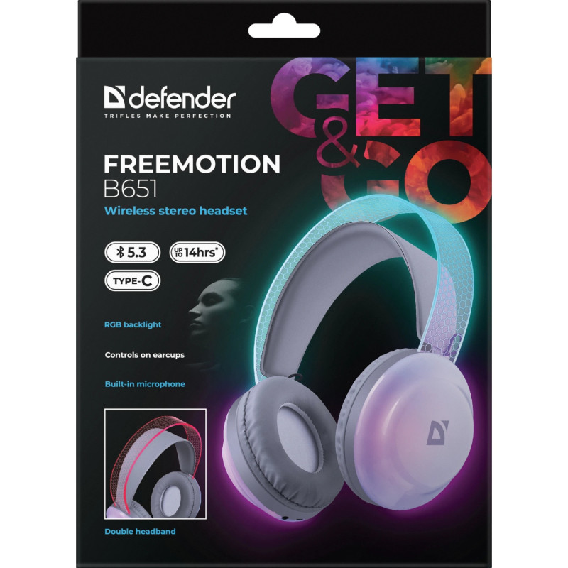Гарнітура Defender FreeMotion B651 Bluetooth+3,5мм+USB-C, RGB White