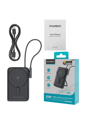 УМБ Choetech Magnetic Wireless 10000mAh 20W PD USB-C In/Out,Qi-15W,build-in cabel  Black