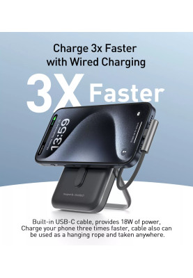 УМБ Choetech Magnetic Wireless 10000mAh 20W PD USB-C In/Out,Qi-15W,build-in cabel  Black