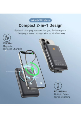 УМБ Choetech Magnetic Wireless 10000mAh 20W PD USB-C In/Out,Qi-15W,build-in cabel  Black