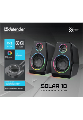 Акустична система 2.0 Defender Solar 10, 10Вт, Bluetooth, RGB підсвітка, USB, чорна