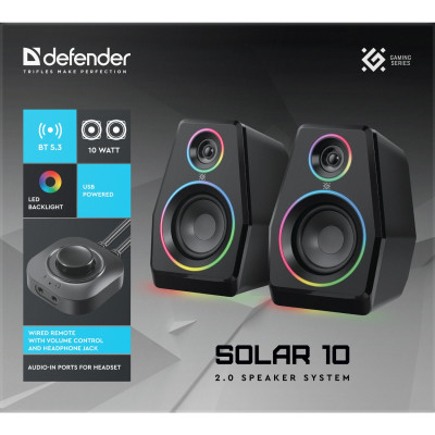 Акустична система 2.0 Defender Solar 10, 10Вт, Bluetooth, RGB підсвітка, USB, чорна Акустична система 2.0 Defender Solar 10, 10Вт, Bluetooth, RGB підсвітка, USB, чорна