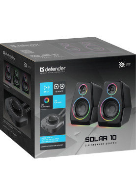 Акустична система 2.0 Defender Solar 10, 10Вт, Bluetooth, RGB підсвітка, USB, чорна