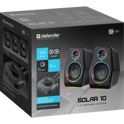 Акустична система 2.0 Defender Solar 10, 10Вт, Bluetooth, RGB підсвітка, USB, чорна