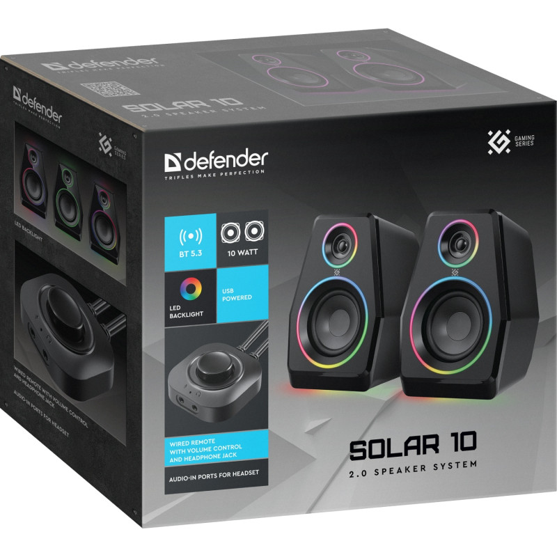 Акустична система 2.0 Defender Solar 10, 10Вт, Bluetooth, RGB підсвітка, USB, чорна