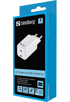Зарядний пристрій 2xUSB 65W (2xUSB-C) Gan III білий Sandberg
